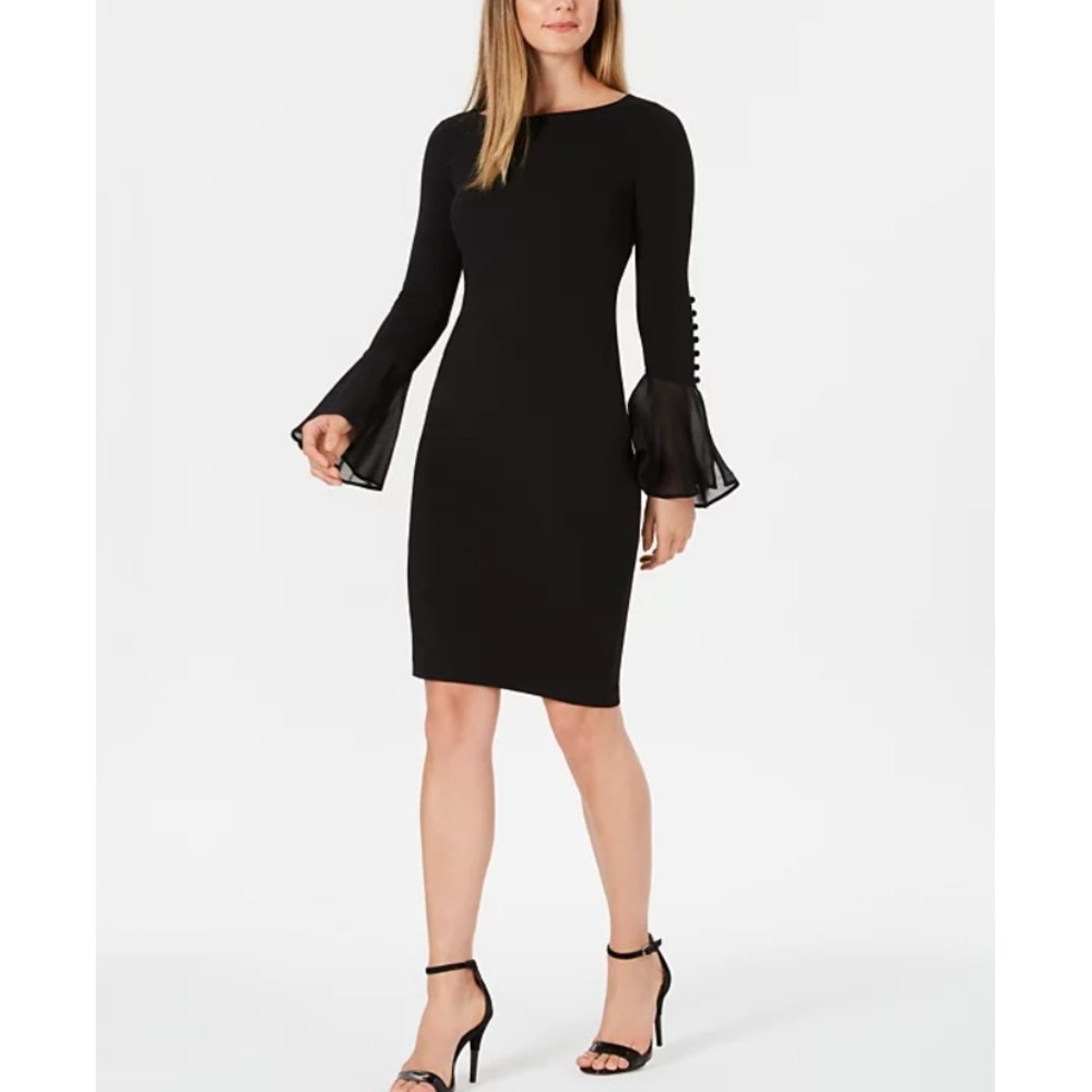 Calvin Klein® (Women's SIZE 8) Chiffon Bell Sleeve Sheath Dress in Black - $100